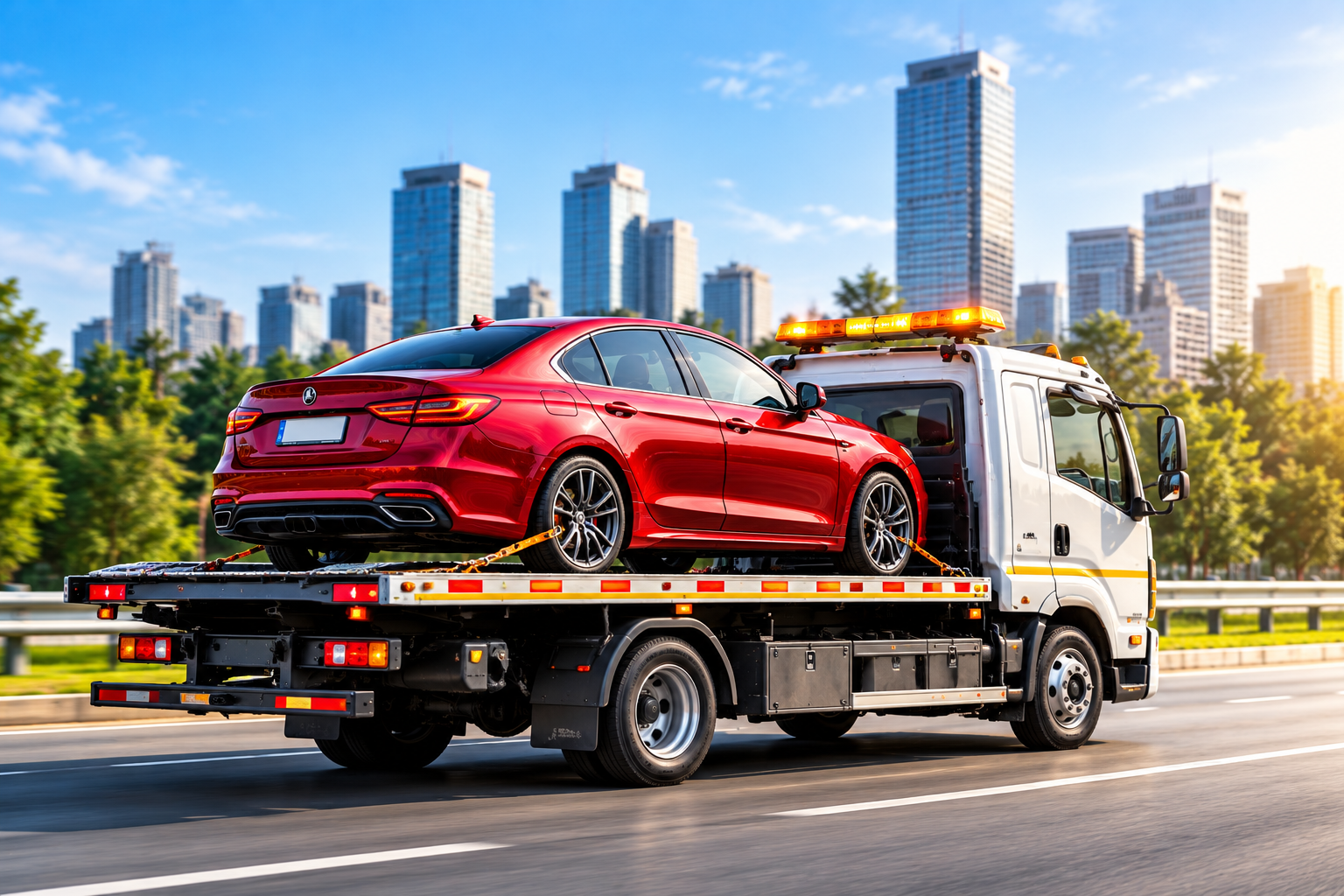 Flatbed tow truck carrying a red sedan through the city